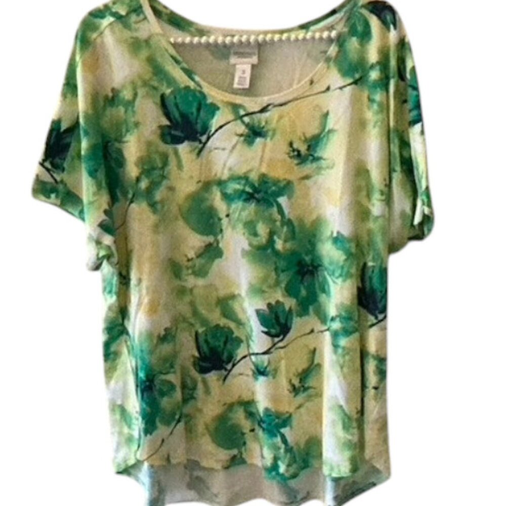 Weekends by Chicos's Green/Yellow Floral Tee   Size 3 (XL) EUC!